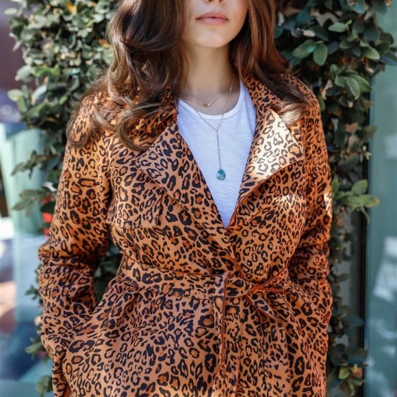 CLASSIC vegan suede Leopard Print Trench coat jack - Picture 7 of 8